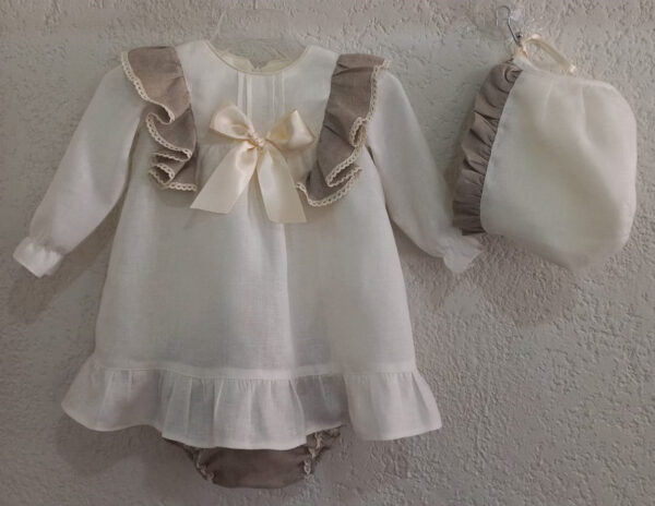 Ropón vestido corto de lino crudo y jaspe con alforzas