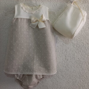 Ropón vestido corto de lino jaspe bordado de puntos crudo