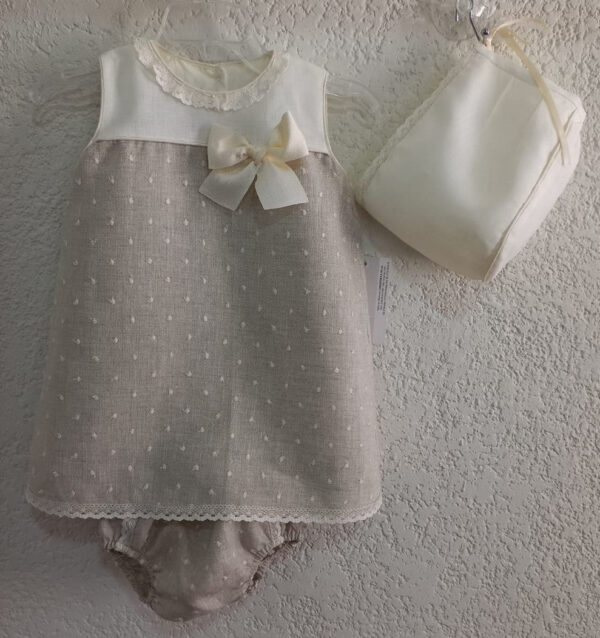 Ropón vestido corto de lino jaspe bordado de puntos crudo