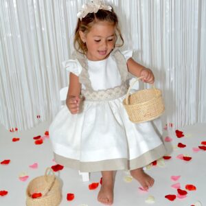 Vestido de lino combinado crudo y jaspe con bolillo en cintura